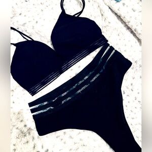 NWT Black Mesh Stripe Bikini Set | Size M